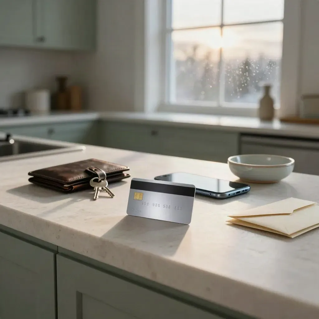 Morning home finance station with debit card, phone, wallet, keys, and envelopes on quartz.