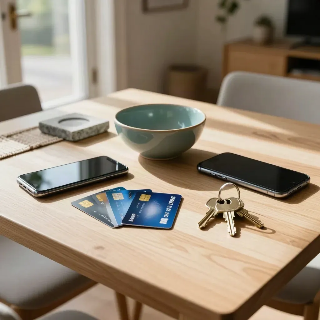Debit cards, phones, keys and a teal bowl on a sunlit entry table