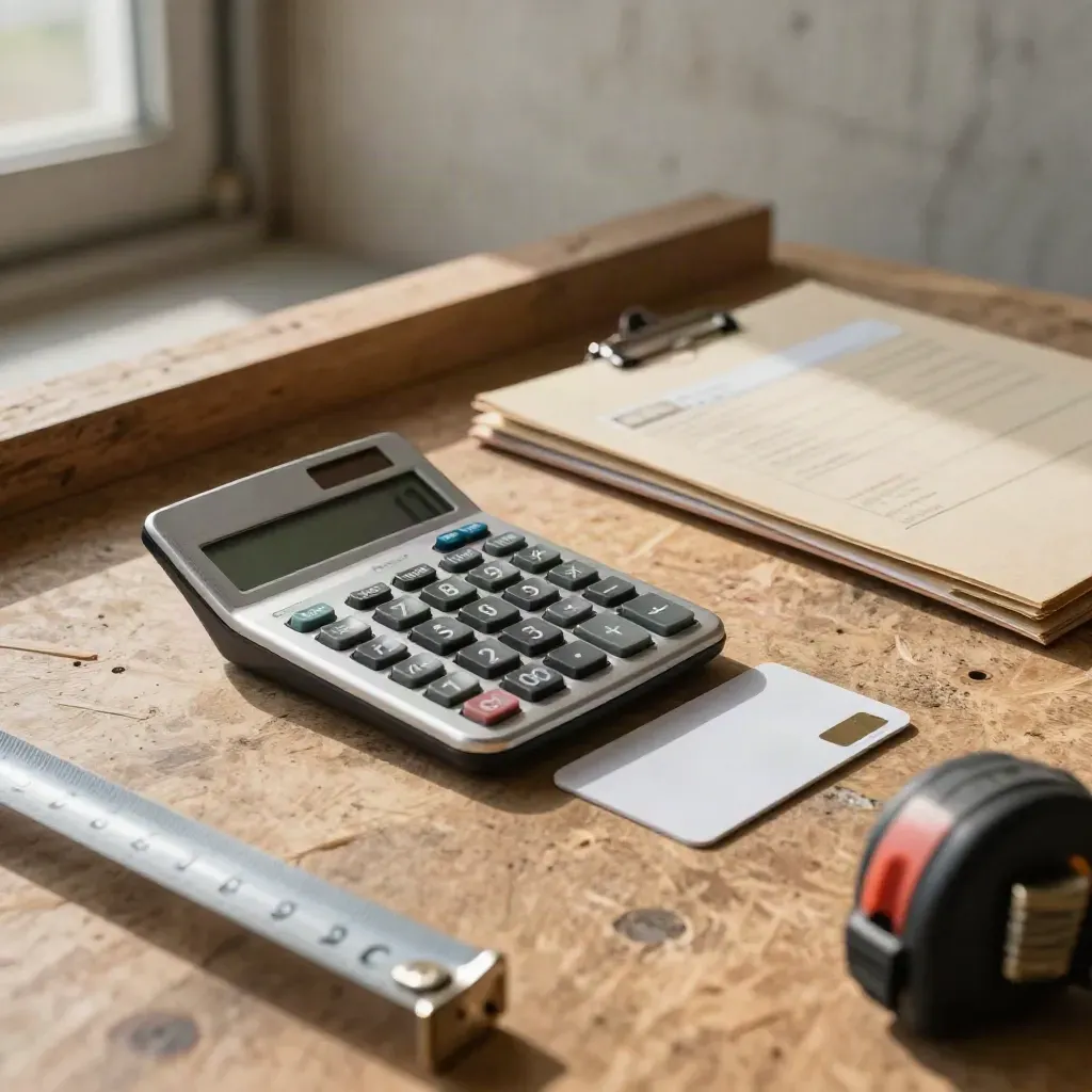Rugged contractor bench with calculator, blank bank card, blurred tape measure and closed invoice folder.