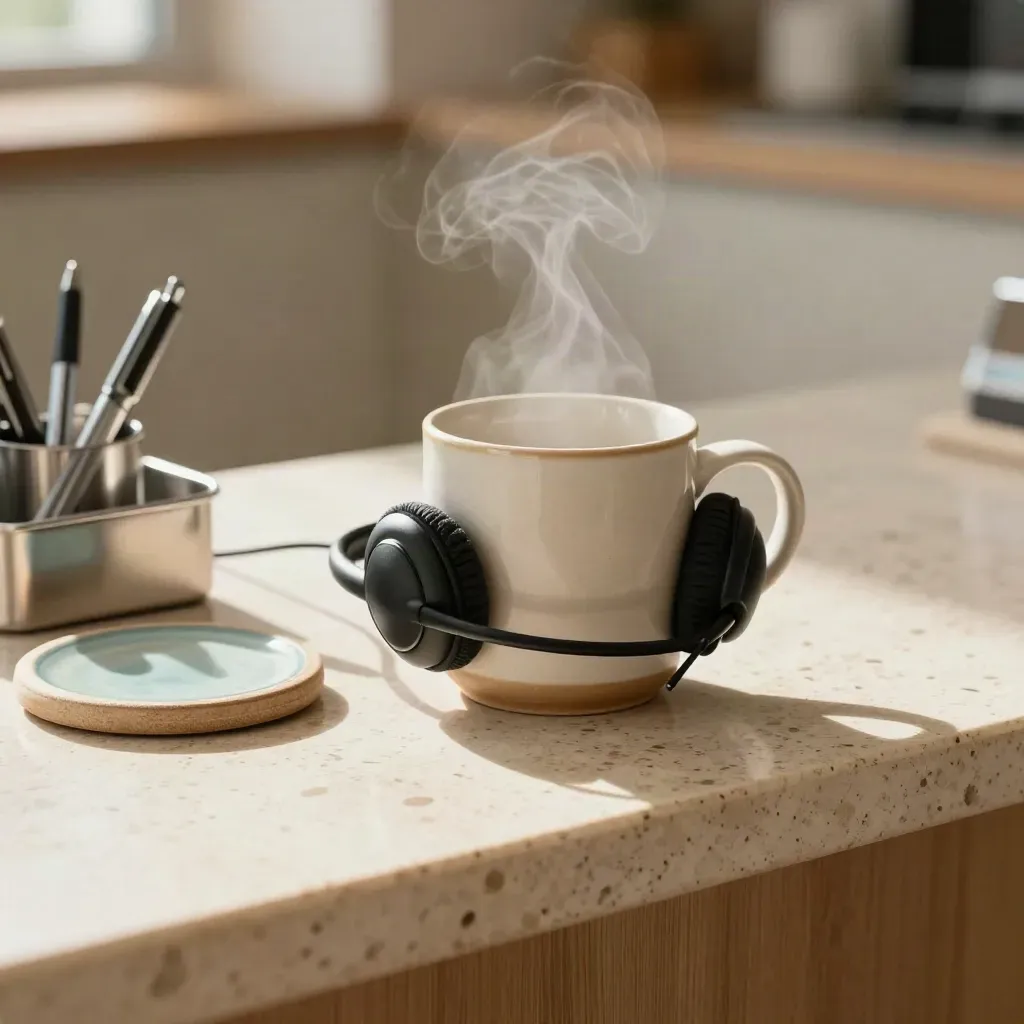 Steaming mug, call headset, pen tray and stone coaster on warm travertine.