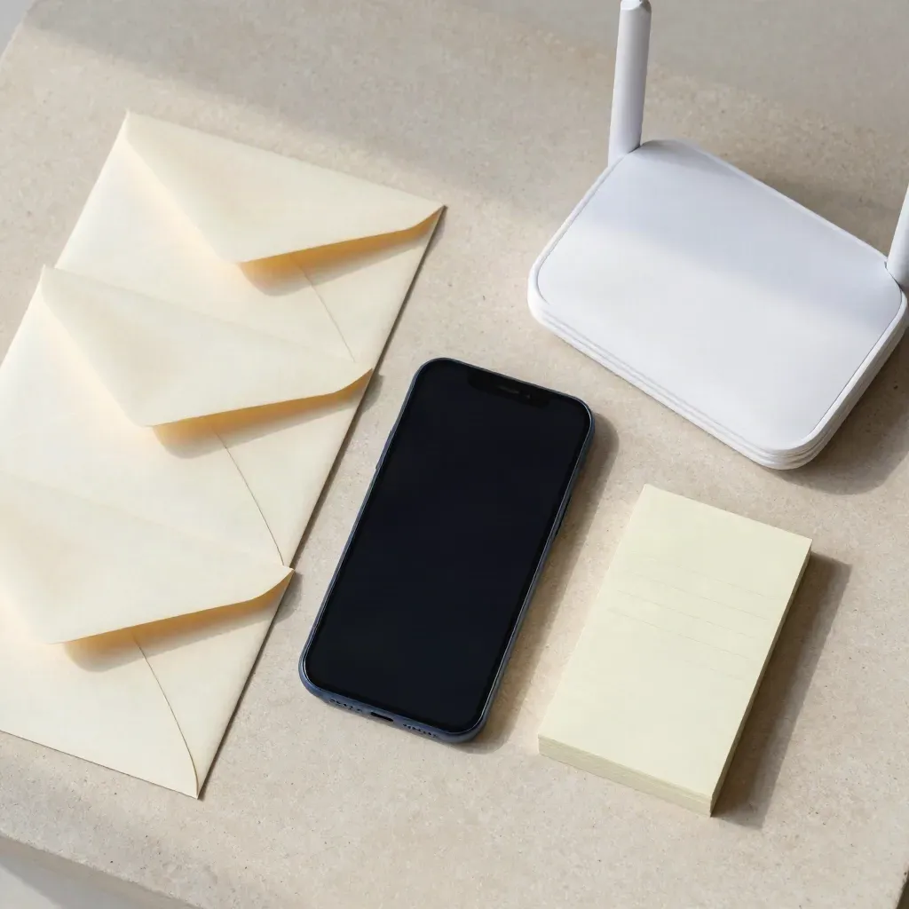 Overhead flatlay of phone, envelopes, router and blank reminder tabs on pale stone.
