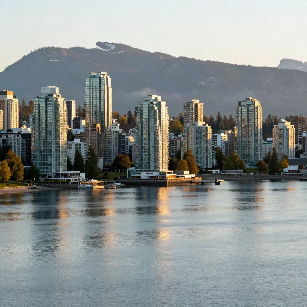 Golden-hour Vancouver waterfront with mountains, mist, and calm inlet