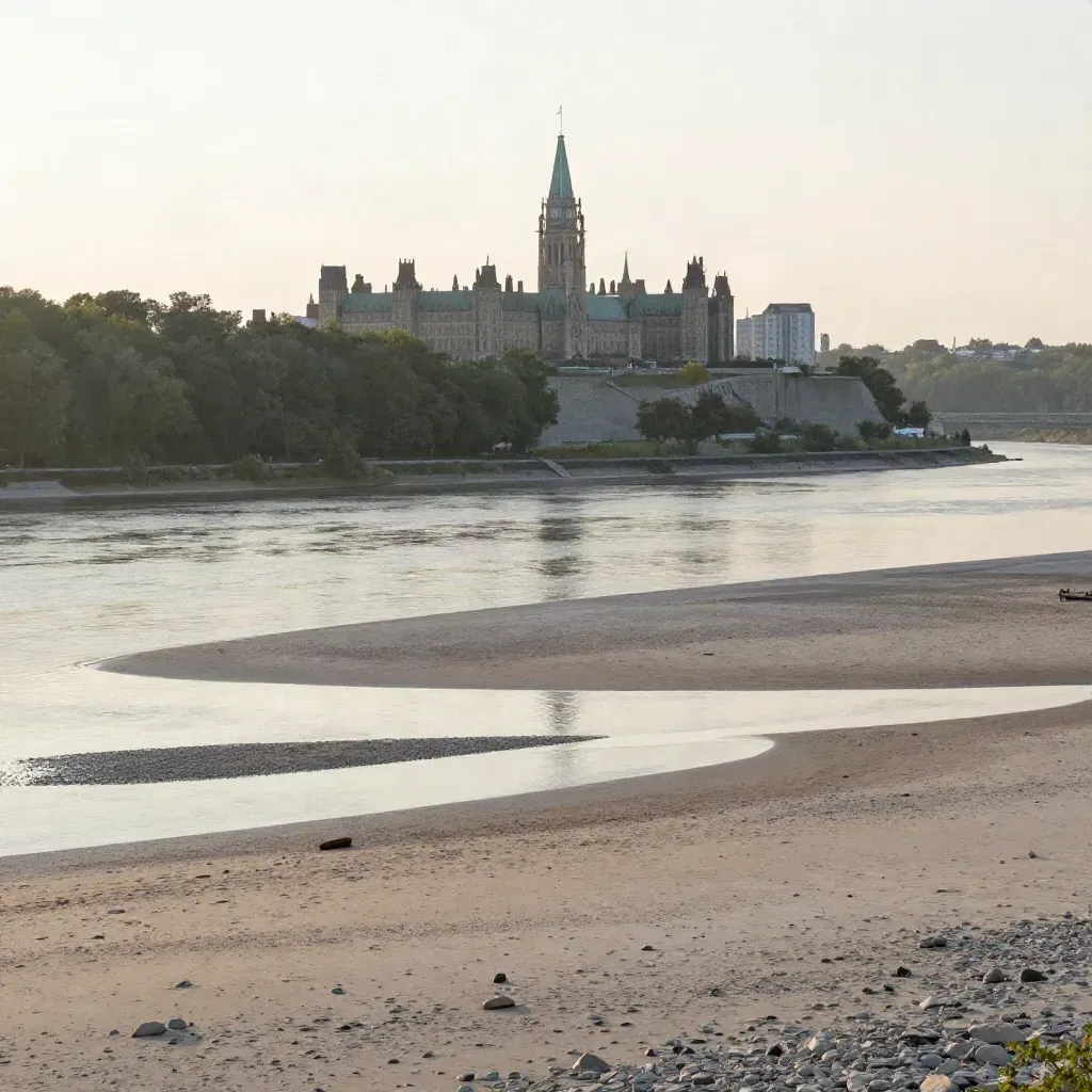 Ottawa River valley with Parliament forms high above a misty pale river plain at dusk